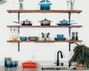 Kitchen shelves with pots and pans